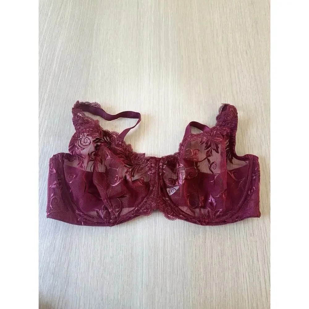 Soma Sensuous Lace Unlined Bra 38D Red Embroidered Underwire Gold Metallic T1016